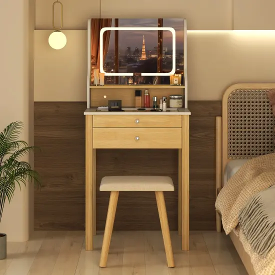 White Small Dressing Table Set with Adjustable LED Lighted Mirror and Power Outlets {5}