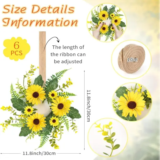6 Pcs Sunflower Wreaths for Front Door &ndash; Artificial Yellow Floral Swag for Summer, Candle Rings for Pillars, Cabinets, and Window Home D&eacute;cor {3}