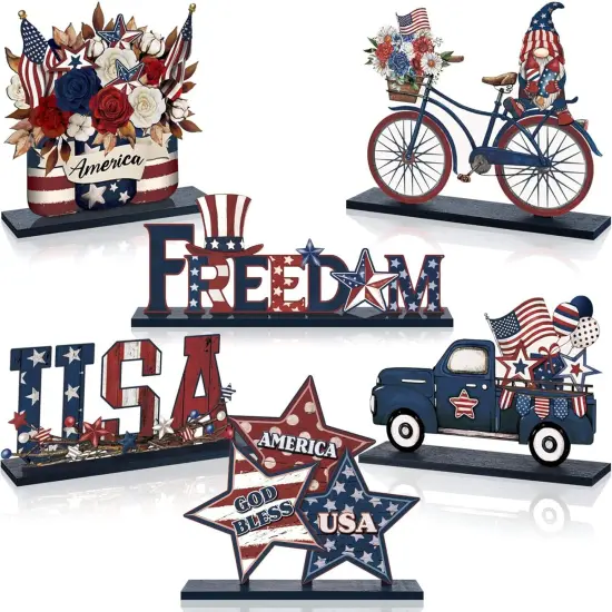 6 Pcs Memorial Day Wooden Table Decor Patriotic Wood Sign Tabletop Centerpiece Rustic USA Star Decorations for Office Desk Farmhouse Home Kitchen Tiered Tray Decor Shelves Table Decorations {1}