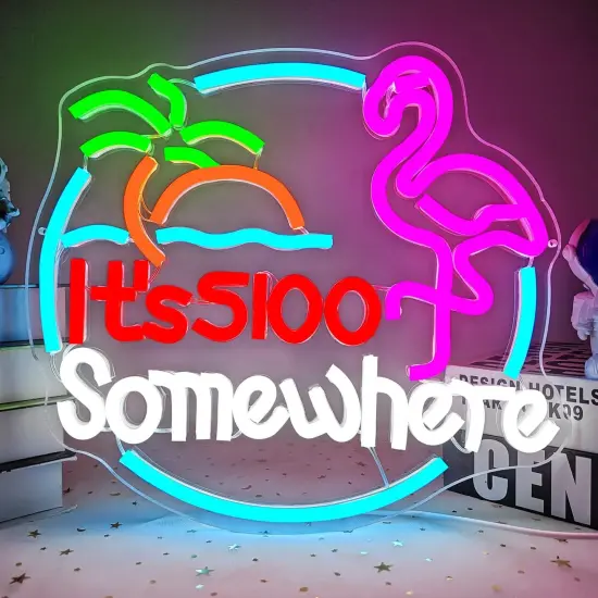 Summer Flamingo "It&rsquo;s 5:00 Somewhere" Neon Sign &ndash; Tropical Summer LED Wall Light for Tiki Bars, Home Bars, Patios & Poolside Vibes {1}