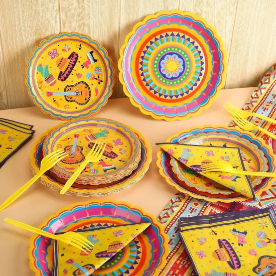 100 Pcs Mexican Themed Fiesta Party Plates Mexican Disposable Tableware for Cinco De Mayo Birthday Party Supply Including Plate Napkin Forks Taco Carnival Baby Shower Decoration for 25 Guests {5}