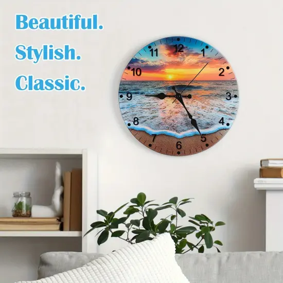 12-Inch Beach-Themed Blue Glass Wall Clock &ndash; Frameless Silent Battery Operated, Tempered Glass Design with Analog Display (1x AA Battery Required) {4}