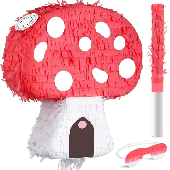 Mushroom Pinata with Stick and Blindfold, Paper, Baby Shower, Fantasy Theme Decoration {1}