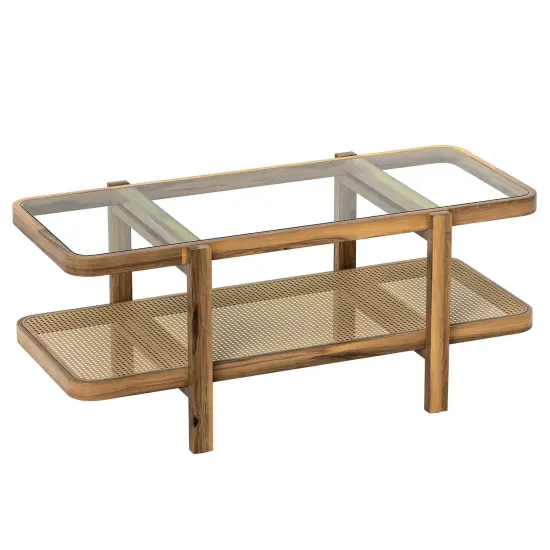 Rustic Acacia Wood Coffee Table with Tempered Glass Top & PE Rattan Shelf {1}