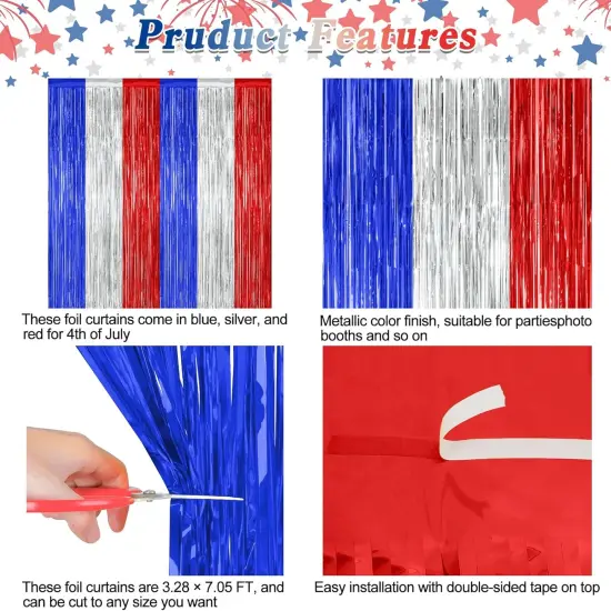 2 Pack 4th of July Party Supplies, 3.28 FT x 7.05 FT 4th of July Tinsel Backdrop, Blue Silver Red Color Fringe Curtains Streamer Backdrop, 4th of July Photo Backdrop Party Decorations {4}