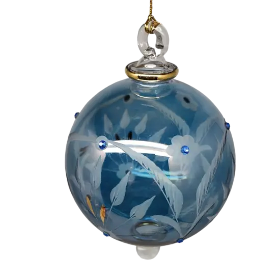 Etched Blown Glass Ball with Crystal Accents - Blue {3}