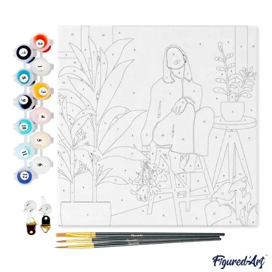 Figured'Art Mini Paint by Numbers Kit for Adults with Frame Woman in the room with plants Small format 8"x8" - Craft Art Painting DIY Canvas Already Stretched on a Wooden Frame {4}