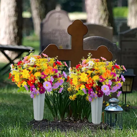 Artificial Cemetery Daisy Flowers with Vase &ndash; Silk Memorial Bouquet for Grave & Headstone Decoration {2}