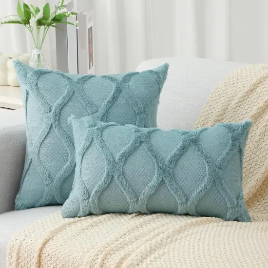 Spring Throw Pillow Covers 18x18 Inch Set of 2, Soft Plush Faux Fur Wool Aqua Couch Pillow Covers, Decorative Pillow Cases for Bed Sofa Living Room Home Decor {5}