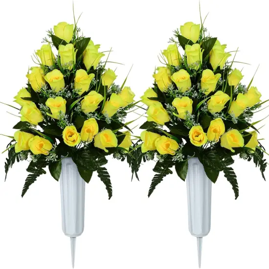 2 Sets Artificial Cemetery Rose Bouquets with Vase &ndash; Memorial Grave Decorations for Lasting Tribute {5}