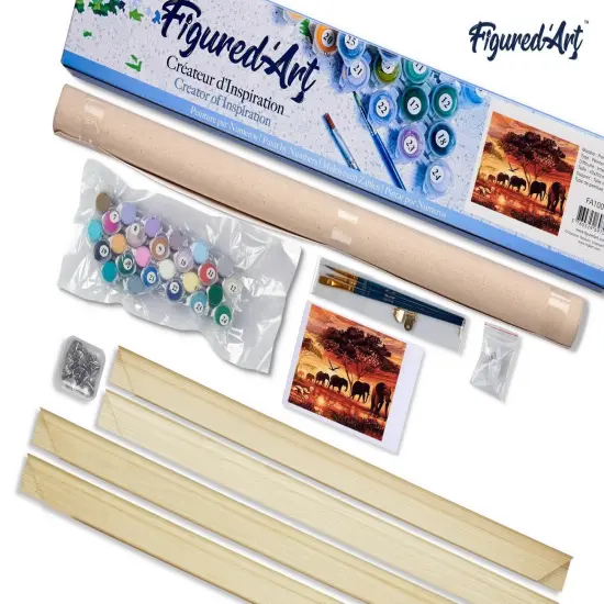 Figured'Art Paint by Numbers Kit for Adults Elephants at Sunset 16"x20" - Craft Art Painting Rolled Canvas with DIY wooden frame {5}