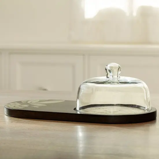 Handcrafted Oval Shape Wooden serving Platter With Glass Cloche - 12.99 X 6.99 X 3.94" {3}