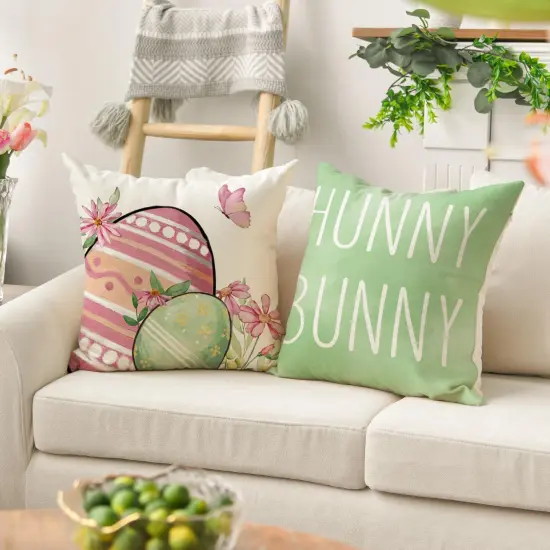 Set of 4 Happy Easter "Hunny Bunny" Green Throw Pillow Covers – 18" x 18" Spring Cushion Cases for Sofa & Couch {4}