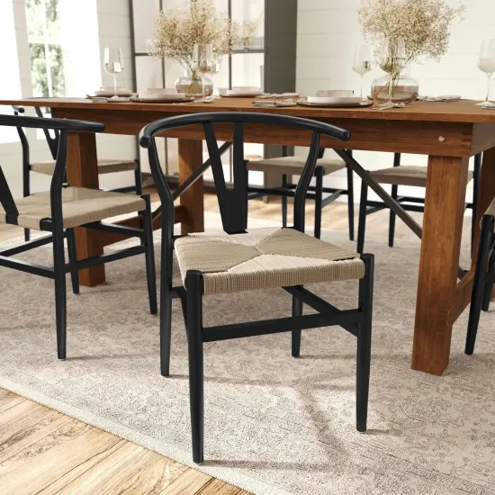 Merrick Lane Staci Stack Dining Chair with Y-Back Style Design, Solid Wood Frame, Woven Kraft Paper Rope Seat BlackFrame/Natural {1}