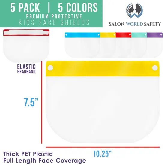 Salon World Safety Kids Face Shields (Pack of 5) - 5 Colors, 1 Each - Clear Protective Children's Full Face Shields - Anti-Fog PET Plastic {2}