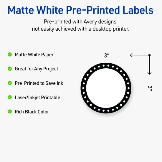 Avery Printable Round Labels, Black and White Polka Dots, 3" Diameter, Matte White Round Labels, Permanent, Laser/Inkjet, 60ct, Great for Product Labels {2}