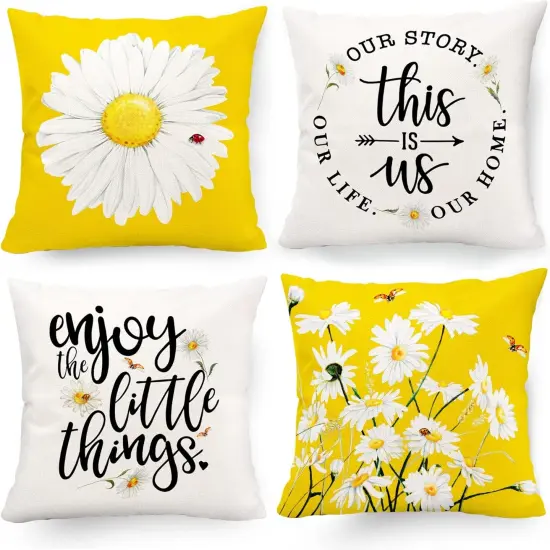 Spring Summer Pillow Covers 18x18 Set of 4, Farmhouse Spring Summer Decor Daisy Floral Yellow Throw Pillow Covers for Couch Sofa Indoor Outdoor Yellow Sunflower Decorations {1}