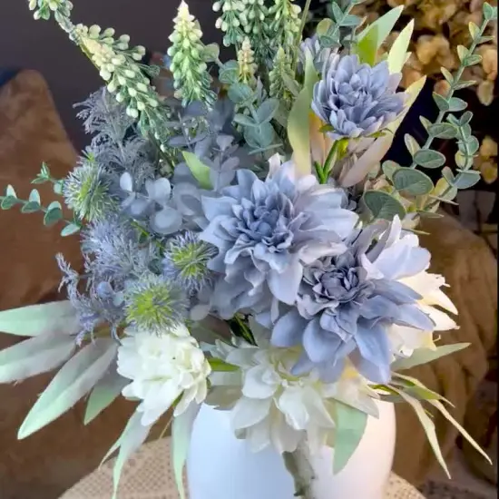 Artificial Dahlia Bouquet &ndash; White and Blue Silk Flowers for Vase, Home Table Decor Bathroom Decoration {4}