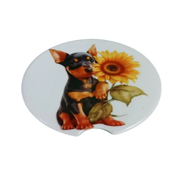 Adorable Miniature Pinscher with Sunflower Ceramic Car Coaster Set 2.56" (2 Pack) {1}