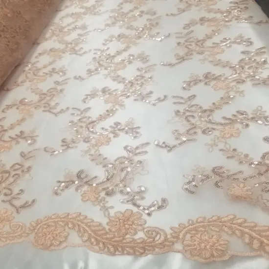 1 Yard Coral Metallic Flowers Sequins Mesh Lace Fabric for Tablecloths and Costumes {4}