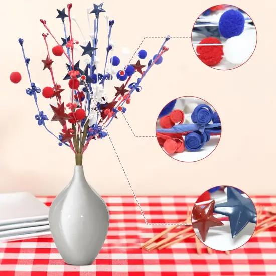 2pcs Patriotic Berry Picks, Artificial Berry Stems 18" Red Blue Star Floral Picks for Floor Vase Decor, Faux Fur Ball Branches for Home Decoration {2}