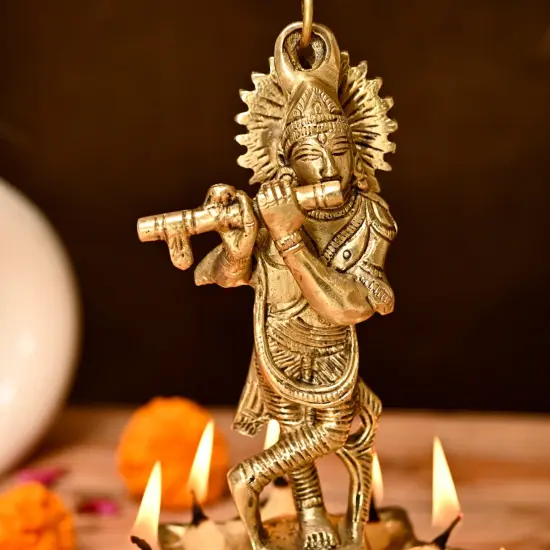 Brass Krishna Wall Hanging Diya with Bells & Chain Krishna Hanging Idol Oil Lamp Home Temple Mandir Office Diwali Decor Kathu Vilakku Puja Diyas - Deepawali Housewarming Return Gifts {3}