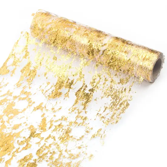 Ohanniewa Gold Table Runner 11 inch x 32 Feet Glitter Metallic Gold Foil Mesh Table Runner Roll Table Decorations for Wedding, Birthday, Banquet, Christmas {1}