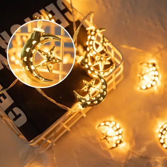 Vigdur Ramadan String Lights - 20 LEDs Eid Mubark Moon Star Fairy Lights Battery Operated with Timer, Ramanda Decoration Lights for Eid Al Adha Ramadan Home Decor, 10FT {3}