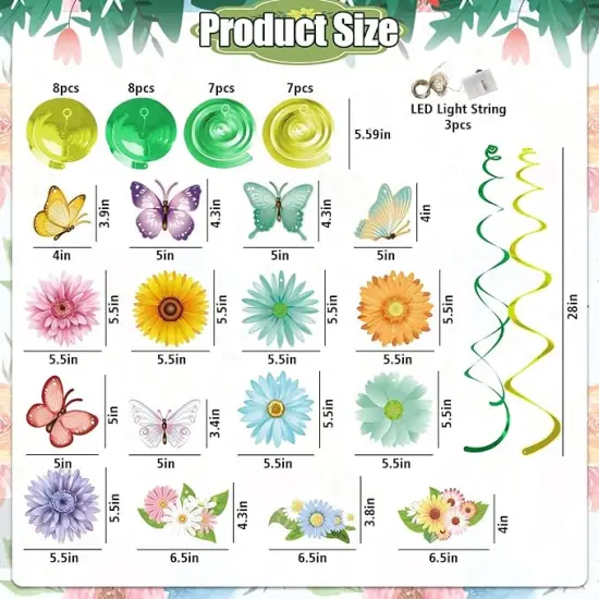 33pcs Spring Hanging Decorations for Home - Flower Butterfly Hanging Swirls with Led Lights for Spring Summer Easter Flower Butterfly Themed Birthday Party Decorations {3}