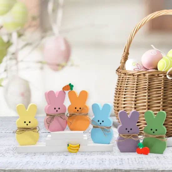 DAZONGE Easter Decorations - 6PCS Wood Bunny Peeps Easter Tiered Tray Decor Signs - Easter Shelf Sitter - Easter Decor for the Home - Spring Wood Decor {3}