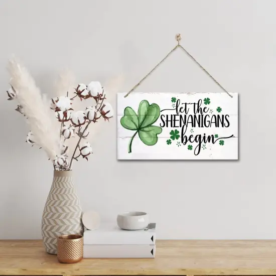 Hanging St. Patricks Day Wood Decor Sign, Let the Shenanigans Begin Printed Wood Wall Art Sign, Home Signs Decor, Hanging Door Wood Sign, Shamrock Sign, St Patricks Day Decor, Rustic Farmhouse Decor {5}
