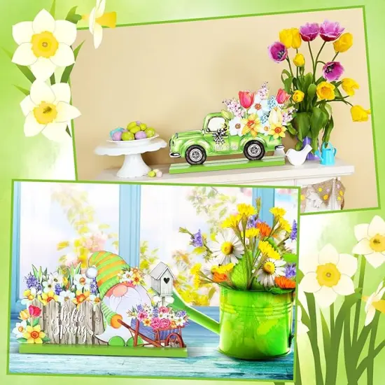 4 Pcs Hello Spring Table Decorations Spring Easter Table Centerpieces Hello Sunshine Wooden Signs Decorations for Home Wooden Party Ornament Farmhouse Easter Rustic(Cute Style) {4}