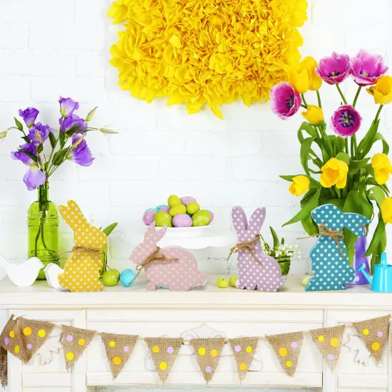 Gift Boutique Easter Bunny Table Decoration Centerpiece 4 Designs Decorative Wooden Spring Shaped Pastel Bunnies Rabbit Table Top Sign Decor Wood Tabletop for Office Dining Room Party Supplies {3}