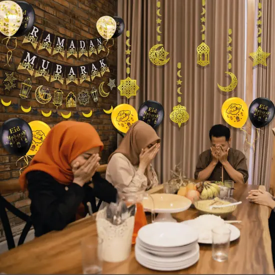 AhfuLife Ramadan Mubarak Decorations, Eid Decorations for Home - Preassembled Ramadan Eid Mubarak Banners, 16 Pcs Eid Balloons, 6 Pcs Islamic Star Moon Lantern Garland Streamer, 10 Pcs Cupcake Toppers {2}
