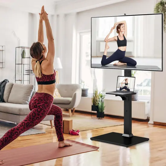 Costway Floor TV Stand with Power Outlet Height Adjustable Tall TV Stand with Storage Shelf {2}