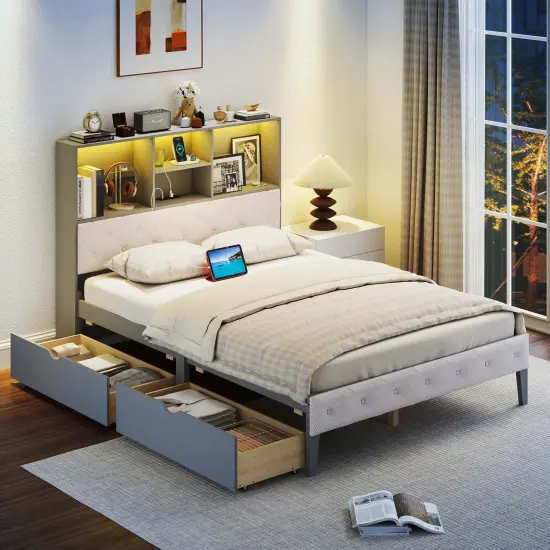 Costway Full Size Bed Frame with Bookcase Headboard Storage Bed with LED Lights Gray {5}