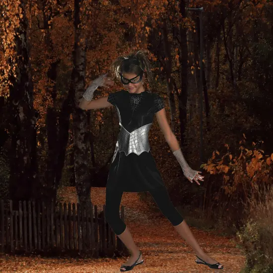 Teen Spider Girl Costume Black Dress With Silver Web And Eye Mask Set {3}