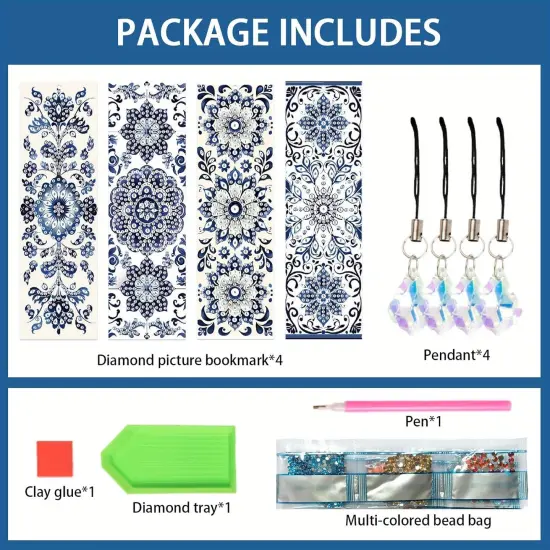 4pcs Diamond Painting Bookmark Set - Blue and White Porcelain Pattern {3}