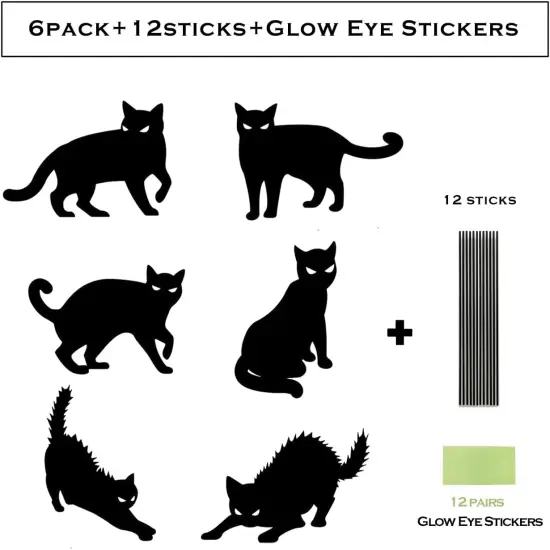 6Pack Halloween Black Cat Decorations Signs with Stakes Glow in the Dark Eyes {6}