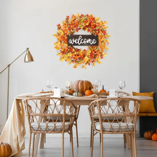 Fall Wreath - Autumn Front Door Wreath with Small Pumpkin, Berry, Round Leaves {5}