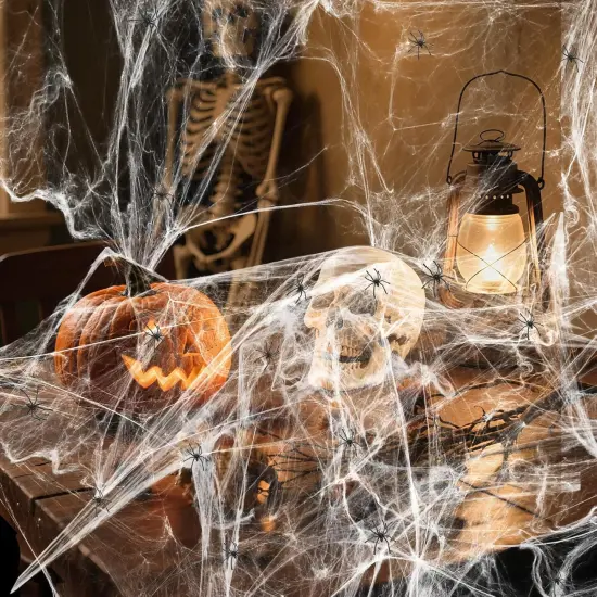 200 sq. ft. Stretchable Spider Web with Bonus 10 Fake Spiders for Halloween Decor {5}
