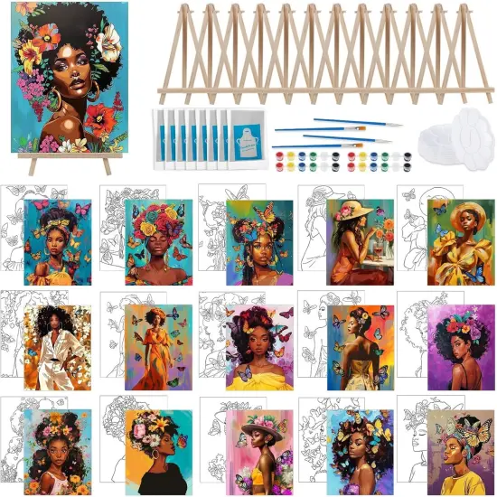 16 Sets Pre Drawn Canvas to Paint for for Adults Kids Party Supplies(Black Girl) {1}