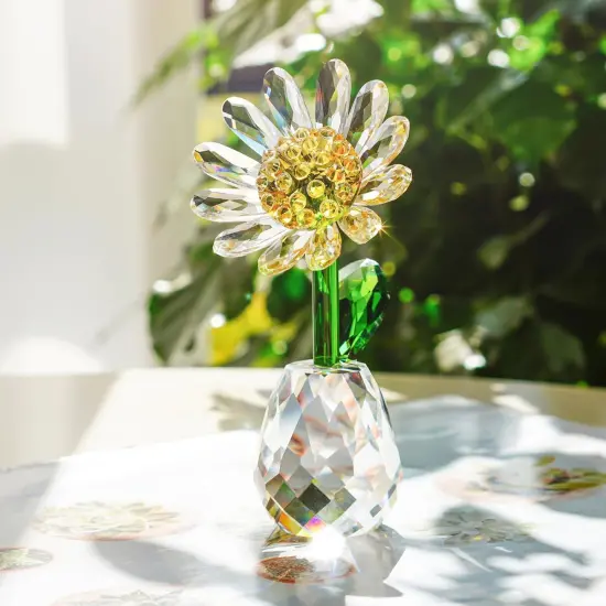 Summer Crystal Daisy Flower Figurine Ornament Paperweight Glass Flower Home Office Tabletop Decor Souvenir Gifts for Birthday Christmas {1}