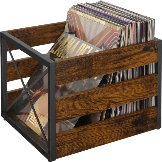 Vinyl Record Storage, Large LP Vinyl Record Storage Crate, Metal & Wooden Vinyl Record Album Holder, Cube Record Organizer Box, Holds up to 80+ Records {1}