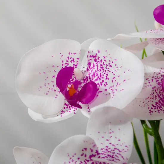 Artificial Orchids Flowers with Vase for Table Centerpieces, Floral Arrangements, Real Touch Faux White Orchid Phalaenopsis in Ceramic Vase for Home Wedding Kitchen Decoration (Silver Vase, White Purple) {3}