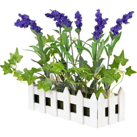 Northlight Artificial Flowering Lavender Plant in White Picket Fence Container - 11.75" - Purple Green {5}