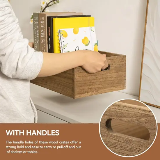 Nesting Wooden Crates with Portable Handles for Home Organizer - Wood Rustic Decor Farmhouse Boxes / Basket Rolling Trays set of 3 Dark Brown {4}