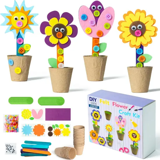 Mother's Day Spring Felt Flower Craft Kits - 16 Pack Make Your Standing Flowers Gift Crafts with Buttons Flower Pot Decor {1}
