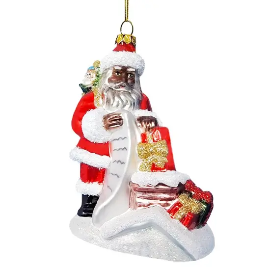 Black Santa and His List Glass Christmas Ornament, African American Tree Decor {1}