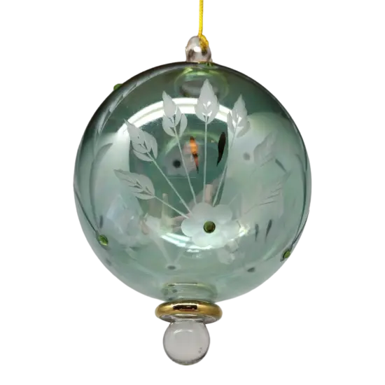 Etched Blown Glass Ball with Crystal Accents - Green {4}